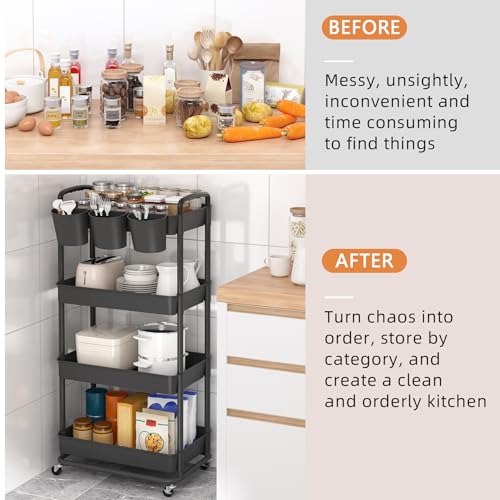 JIUYOTREE 4-Tier Plastic Rolling Storage Cart Utility Cart with Extra Hanging Cups Handles Lockable Wheels for Living Room Bathroom Kitchen Office Black - color: Black, size: 4-Tier