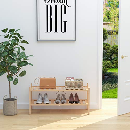 Dranixly Shoe Rack, 2-Tier Bamboo Stackable Shelf Storage Organizer, Stand for Closet, Entryway, Hallway, Bathroom and Living Room（Natural） - color: Natural, size: 2-Tier