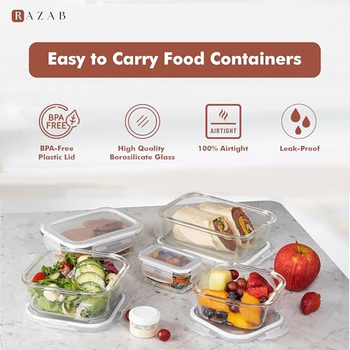 Razab 35 Pc Set Glass Food Storage Containers with Lids - Meal Prep Airtight Bento Boxes BPA-Free 100% Leak Proof (15 lids,15 glass & 5 Plastic Sauce/Dip Containers) - color: White