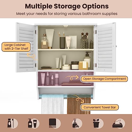 Tangkula Wall Mounted Bathroom Cabinet with Open Shelf & Bar, Medicine Cabinet with Double Louvered Doors, Wall Storage Cabinet with Adjustable Shelf, for Bathroom Living Room Kitchen (White) - color: White