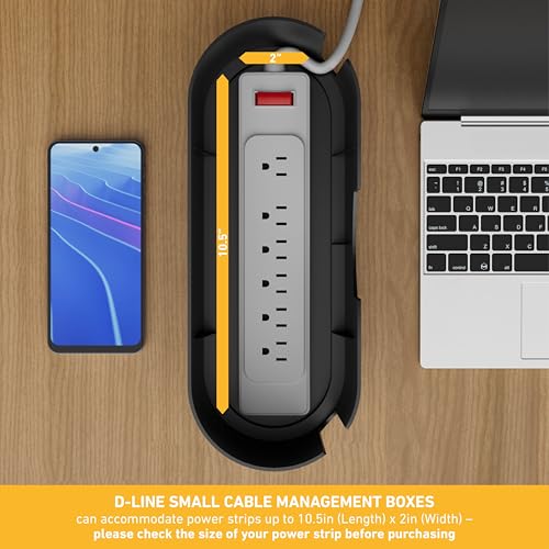 D-Line Cable Management Box, Power Strip Cover, Floor Outlet Hider, Desk Cord Organizer, Hide Extension Leads, 12.75" (L) x 5" (W) x 4.5" (H), for use with Power Strips up to 10.5in (L) - Small, Black - color: Black, size: Small