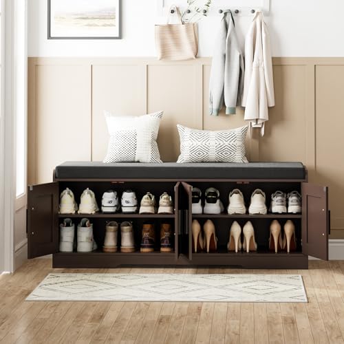 Homleke 2-Tier Storage Bench, Shoe Bench with Thickened Padded Seat Cushion, Entryway Bench with 4 Doors, Adjustable Shelf, 13.8" D x 45.3" W x 18.5" H, for Entryway, Living Room, Bedroom, Brown - color: Brown, size: 45.3"