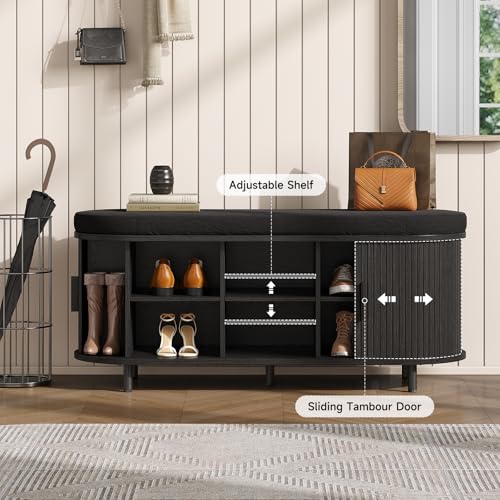 Oval Shoe Storage Bench with Padded Seat Cushion, 2-Tier Fluted Shoe Cabinet with Adjustable Shelves, Mid-Century Bench Compact for Entryway, Hallway, Closet, Front Accent, Foyer, Bedroom, Black