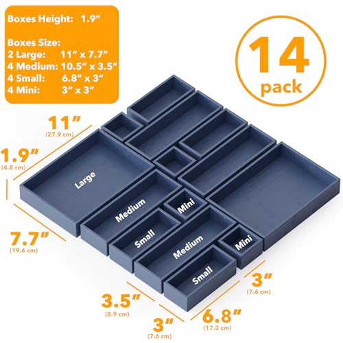 SpaceAid 14-Piece Bamboo Drawer Organizer Storage Boxes Set, Wood Tray Junk Drawer Organizers Multi-Use Divider Bins for Kitchen, Bathroom, Office Desk and Makeup Organization (14 Pack, Navy Blue) - color: Navy Blue