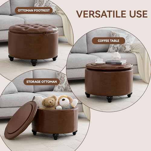 WUTUTUEE 24Inch Round Storage Ottoman with Tray, Modern Tufted Leather Circle Coffee Table with Storage, Upholstered Ottoman with Removable Top for Living Room, Bedroom, Leather Coffee - color: Leather Coffee, size: 24 Inch