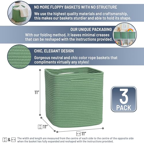 NaturalCozy Storage Cubes 11 Inch Cotton Rope Woven Baskets for Organizing, 3-Pack | Cube Storage Bin | Square Storage Baskets for Shelves Organizer, Classroom, Kids Toy Bins, Closet, Baby Nursery - color: Green
