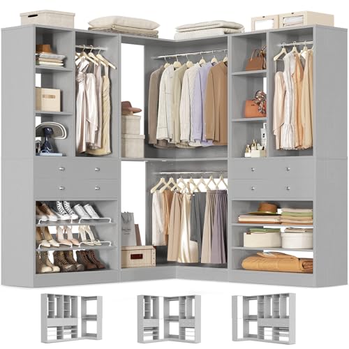 Closet System with 4 Drawers and Hanging Rods, 59.5"L / 87"L Closet Organizer System with Corner Tower, L Shaped Walk-in Closet System, Corner Closet System with Shelves, Set of 3, Morandi Grey - color: Morandi Grey, size: 59.5" * 59.5"