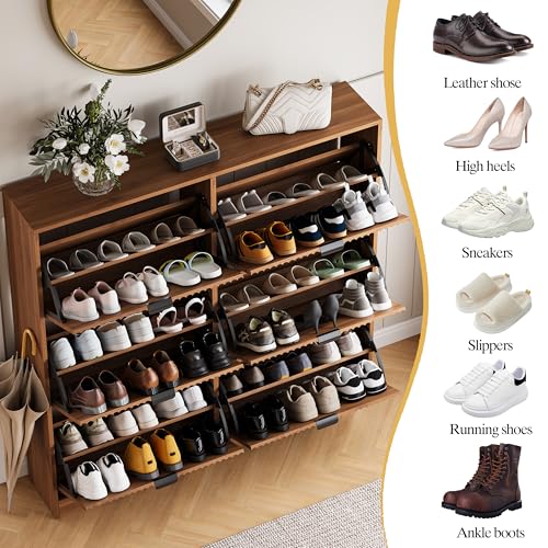 Shoe Cabinet Storage for Entryway with 6 Flip Drawers, Walnut Fluted Shoe Cabinet with Adjustable Shelves, Wooden Hidden Shoe Rack Freestanding Narrow Slim Shoes Storage for Hallway, Entrance - color: Walnut, size: 6 Drawer