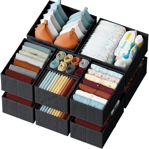 Drawer Organizer Clothes Set of 12 Black - Dresser Organizer For Nursery, Bedroom, Closet - Perfect Baby Clothes Organizer and Storage & General Nursery Organization or Dresser Drawer Organizers - color: Black