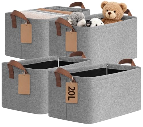CHICVITA 4 Pack Storage Baskets for Shelves, Foldable Fabric Storage Bins with Metal Frame Handles, Closet Organizer Bins for Toys Blankets, 14.8" x 10.3" x 8.3", Gray - color: Gray, size: 20L (14.8"L x 10.3"W x 8.3"H)