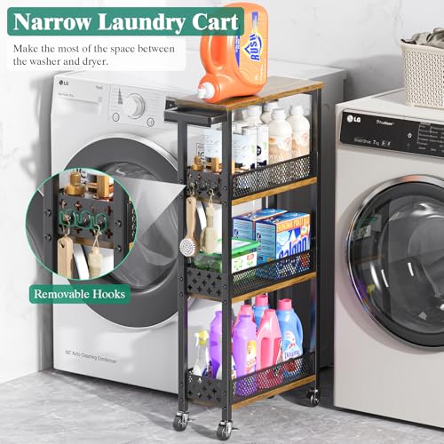 Giwil 4-Tier Slim Rolling Storage Cart for Kitchen Bathroom Organizer, Mobile Narrow Storage Cabinet Utility Cart with Wood Rack on Wheels for Pantry Laundry Small Space - size: Brown/Net Bar