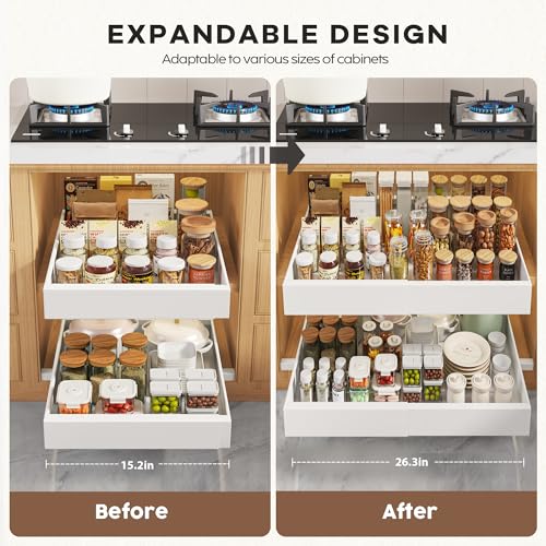 Seinloes 4 Pack Pull Out Cabinet Organizers 21" Deep With Raising Pad for Framed Cabinets, Expandable Width (15.2"-26.3") Slide Out Drawers Upgrade 3 Slide Rails, Roll Out Shelves Adhesive, White - color: White, size: 15.2"-26.3"Wide x 21"Deep(4 Pack)