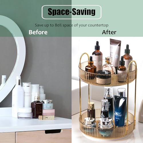 Rotating Makeup Organizer Countertop 2 Tier Lazy Susan Trays Clear Skincare Perfume Storage for Bathroom Counter Vanity, Amber Gold - color: Amber, size: 2 Tier