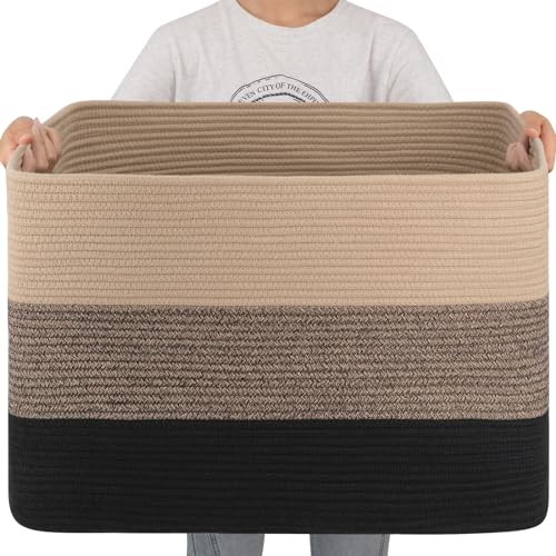 OIAHOMY 108L Super Large Blanket Basket, 25”x16”x16” Rectangle Woven Baskets for Storage, Cotton Rope Basket For Living Room, Toy Storage with Handle - Yellow Black - color: Yellow Black