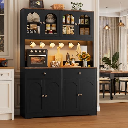HIFIT 71" LED Kitchen Pantry Cabinet with Power Outlet, Large Kitchen Hutch Cabinet with 2 Storage Drawers & Arched Door, Countertop & Hooks, Tall China Bar for Dining Living Room (Black) - color: Black