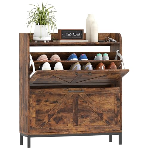 HOMCOM Shoe Storage Cabinet with 2 Flip Drawers, Legs, Farmhouse Freestanding Narrow Shoe Cabinet, Slim Hidden Rack Organizer for Entryway, Hallway, Rustic Brown Wood Grain - color: Rustic Brown