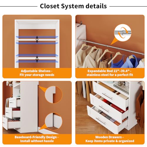 Closet System with 2 Sets, 4FT-10FT Closet Organizer Systems with 3 Wooden Drawers 7 Shelves & 3 Hanging Rods, Walk in Closet freestanding Corner Modular Closet Storage System White (4FT)