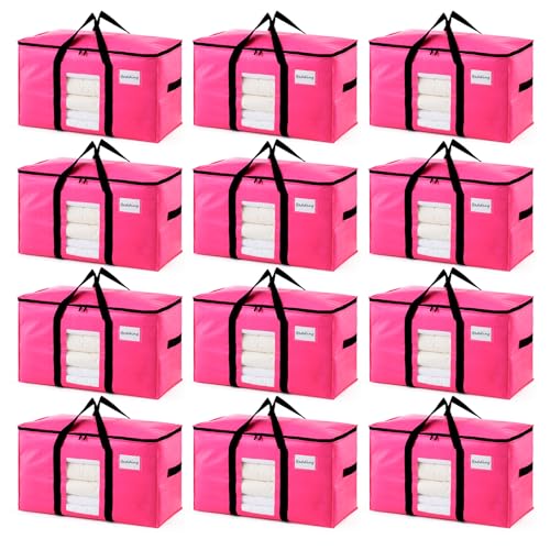 TAILI 12 Pack Pink Extra Large Moving Bags, Heavy Duty Totes with Visible Window, Wrap Around Handles, Space-Saving Storage Solution, Alternative to Moving Boxes - color: Pink, size: 12 Large
