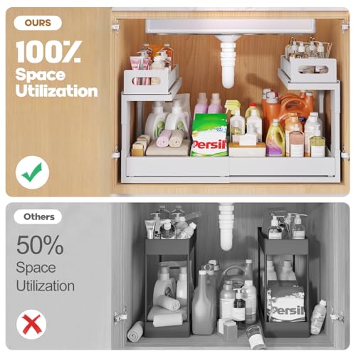 1 Pack-16"-26"W Expandable Under Sink Organizer With Upgrade Ball-Bearing Slide,2-Tier Pull Out Under Cabinet Organizer Height Adjustable,Not Suitable For Cabinets With Partitions In The Middle - color: White, size: 1 Pack-16"-26"W