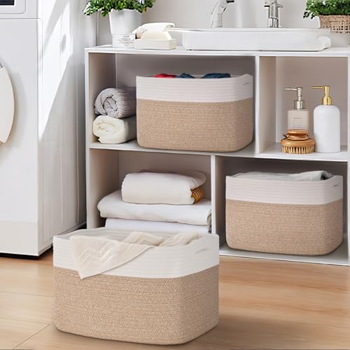Baskets for Organizing,Storage Baskets,3 Pack Baskets for Shelfves,15"×10"×9" Woven Basket,toy storage bins,bins for organization - color: White&Brown