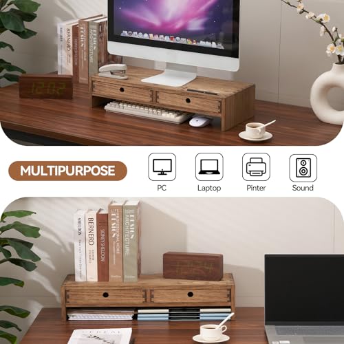 KIRIGEN Wood Monitor Stand with 2 Drawers, Solid Wood Computer Monitor Riser for Desk, Desktop Organizer Shelf with Cable Management, Pen Slots, Brown, No Assembly PMJ-DBR - color: Dark Brown