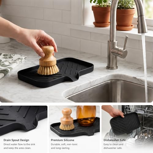 MicoYang Silicone Bathroom Soap Dishes with Drain Spout-Bathroom and Kitchen Sink Organizer,Sponge Holder,Dish Soap Tray,Perfect for Dispenser,Scrubber,Bottle,Cup on Sink or Counter-Black 9.6"×5.3" - color: Black, size: M(9.6"×5.3")