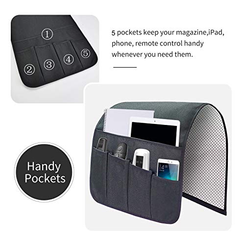 Sofa Armrest Organizer, Remote Control Holder for Recliner Couch, Arm Chair Caddy with 5 Pockets for Magazine, Tablet, Phone, iPad - color: Black, size: W13'' x L33''