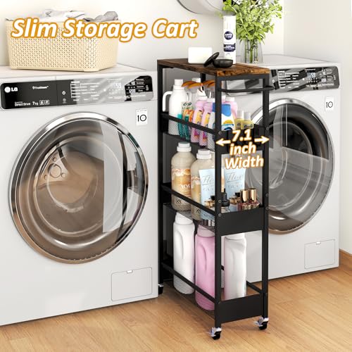 Vincona Slim Rolling Utility Cart, 4 Tier Metal Narrow Storage Cart with Handle and Wood Top, Multifunctional Small Mobile Shelf Unit Organizer Trolley for Laundry, Bathroom, Kitchen - color: Black, size: 7.1" wide