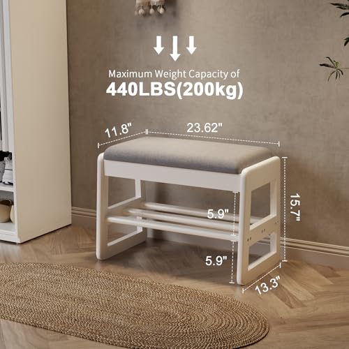 AQIMUELE Shoe Rack Bench,2 Tiers Shoe Bench with Storage with Flip-Top,Wood Shoe Rack for Entryway,Hallway（White Upholstered Seat,11.8" D x 23.62" W x 15.7" H） - color: White Upholstered Seat, size: 11.8"D x 23.62"W x 15.7"H