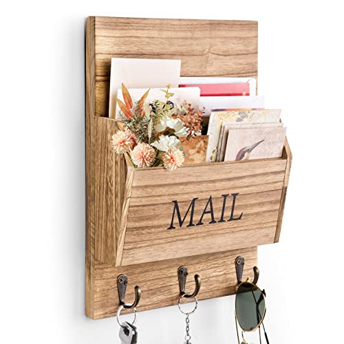 DLQuarts Mail Organizer with Key Holder for Wall Decorative Mail Sorter Wall Mounted, Wooden Mail Holder with 3 Hooks, Carbonized Brown - color: Carbonized Brown