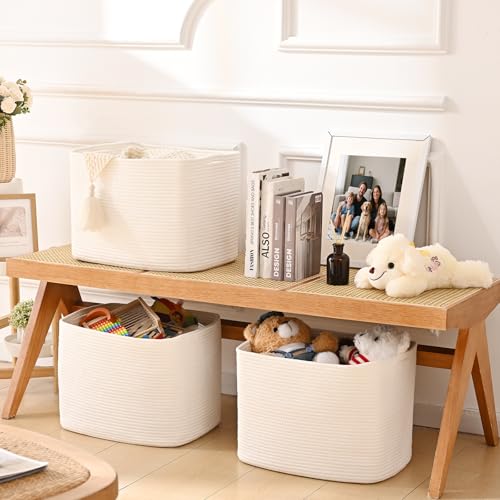 3 Pack Cube Storage Bin, 17”x12”x12” Cotton Rope Woven Baskets for Organizing Toys Clothes Towels, Square Gift Storage Baskets for Shelves, Nursery, Closet, Bathroom, Pantry (White) - color: White, size: 17" x 12" x 12"