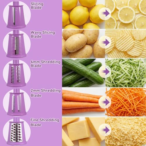 Upgrade Rotary Cheese Grater Shredder with Handle, Strong Suction Base, Multi-purpose Rotary Grater Slicer with 5 Interchangeable Blades for Ice, Vegetables, Fruit, Nuts with Blade Storage Box - color: Purple