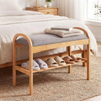 Giantex Shoe Rack Bench, Bamboo 2-Tier Entryway Bench with Padded Cushion, Shoe Storage Bench for Hallway, Closet, Foyer, Living Room, Bedroom, Mudroom - size: 12.5"D x 27.5"W x 20"H（Without Flip-Top Storage）