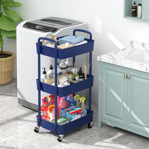 Sywhitta 3-Tier Plastic Rolling Utility Cart with Handle, Multi-Functional Storage Trolley for Office, Living Room, Kitchen, Movable Storage Organizer with Wheels, Blue - color: Blue, size: 3-tier