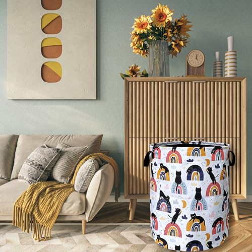 Boho Rainbow Cute Cats Laundry Basket Foldable With Handles Tote Bag Oxford Cloth Funny Cat Laundry Hamper Clothes Storage Bucket Toy Organizer 18.9" x 16.5" For Bathroom/Laundry/Bedroom - color: Cute Cat With Boho Rainbow