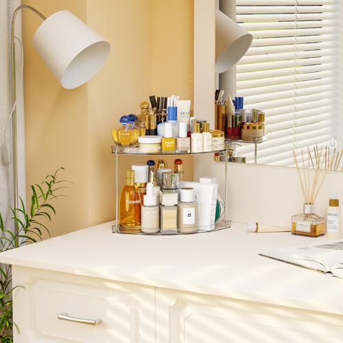 Yieach Clear Corner Bathroom Counter Organizer,2Tier Tiered Countertop Corner Shelf for Perfume,Beauty Products,Makeup Organizer,Skincare Organizers,Vanity Storage Tray for Bedroom,Bathroom Sink Shelf - style: Triangular