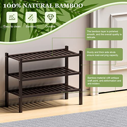 ROMGUAR CRAFT 3 Tier (Thick) Bamboo Shoe Rack for Closet Free Standing Wood Shoe Shelf for Entryway Small Space Stackable 27"x12"x21" (Black Brown) - color: Brown, size: 3 Tier(Thick)