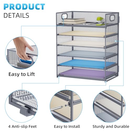 Marbrasse 6 Tier Paper Organizer Letter Tray - Mesh Desk File Organizer with Handle, Paper Sorter for Letter/A4 Office File Folder Holder - Grey - color: 6 Tier - Grey