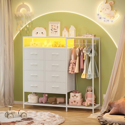 White Dresser for Bedroom with 8 Drawers, Bedroom Dressers with Hanging Rack, Clothes Storage Cabinet with Led Lights & Charging Station, 47 Inch Chest of Drawers with Shelves for Bedroom, Closet - color: White, size: 11.8"D x 39.4"W x 31.5"H (8 Drawers)