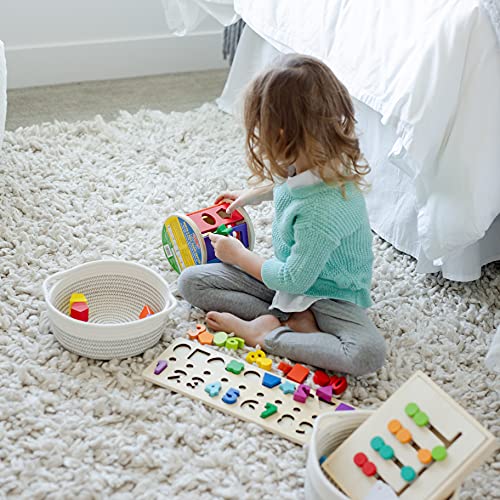 NaturalCozy 5-Piece Round Small Woven Baskets Set– Cotton Rope Baskets for Organizing! Montessori Toys, Fruits Remotes Key Tray Bowl for Entryway Desk, Shallow Catchall Home Décor, Cat Dog Bin Gift - color: Off White & Black Stitching