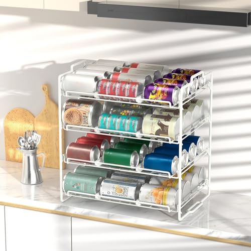 4 Tiers Stackable Can Rack Organizer, Wear-resistant Upgrade Beverage Food Can Dispenser Holder Holds up to 48 Cans for Kitchen Cabinet and Pantry (White) - color: white