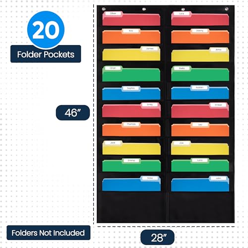 Essex Wares - 20 Pocket File Pocket Chart, Black, 28" Wide x 46" Tall - Versatile Wall Hanging File Folder Organizer for Classroom, Office, Home, and More - Wall Folder Organizer - 20 Pockets - size: 20 Pocket