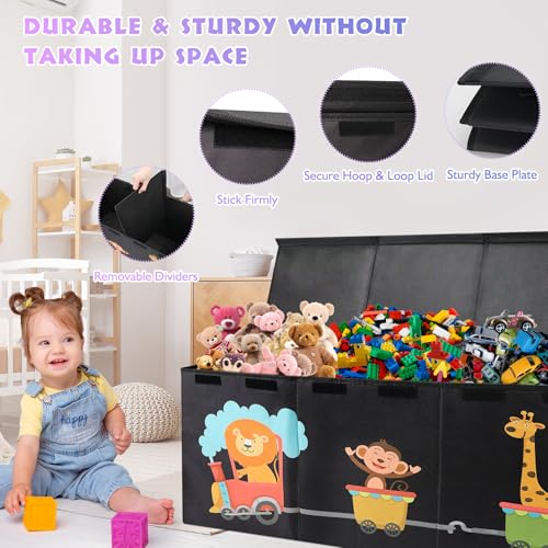 XL Toy Box - Toy Storage Bins with lids, Collapsible Toy Chest for Boys Girls, Kids Big Toy Organizer with Adjustable Dividers for Living Room Area, Playroom, Bedroom，38"x16"x14" - color: Black
