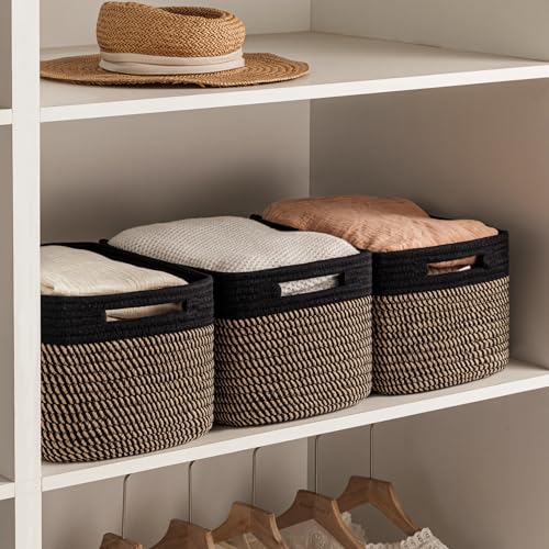 UBBCARE 4 Pack Storage Baskets for Organizing, Shelf Baskets with Handles, Woven Storage Baskets for Bookcase/Cube Shelf/Closet, 14.5"L x 9.8"W x 9"H, Black&Brown - color: Black&Brown, size: 4 Pack-14.5"(L)×9.8"(W)x9"(H)