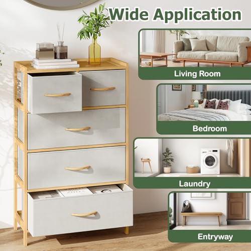 LOKO Fabric Dresser with 5 Drawers, Bamboo Chest of Drawers, Vertical Storage Tower for Small Space, Storage Organizer Unit for Bedroom, Entryway, Living Room, Laundry Room, Closet - size: 12"D x 23"W x 37"H (5 Drawers)