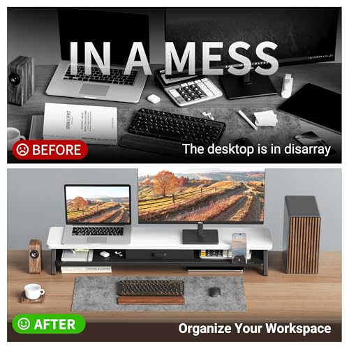 AFOOYO Dual Monitor Stand Riser,LED 2-Tier 39.3 Inch Computer Monitor Stand for 2 Monitors,Office Desktop Organizer with Storage Drawer and Phone Holder for Laptop,PC,Computer,Printer,Walnut - color: LED-Walnut, size: 2 Tier