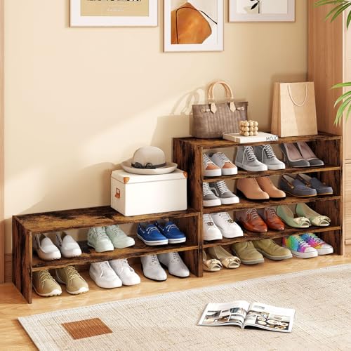 Tangkula 6-Tier Stackble Vertical Shoe Rack, Space Saving Wooden Corner Shoe Storage Shelf for 18 Pairs, 3-in-1 Adjustable White Shoe Organizer for Front Door Entryway - color: Rustic Brown