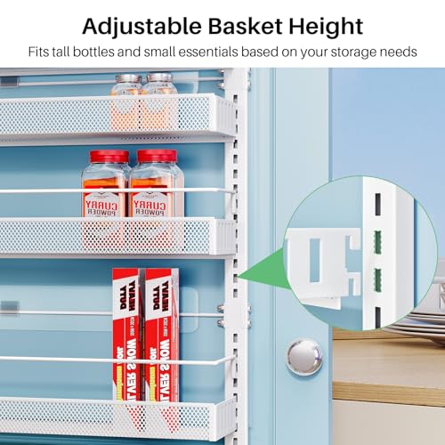 SNTD 8 Tiers Over the Door Organizer - Height Adjustable Pantry Organizers and Storage with Dense Mesh Baskets, Anti-Swing Hanging Door Spice Rack for Kitchen Bathroom (White, 17" W x 6" D x 69" H) - color: White, size: 17"W x 6"D x 69"H