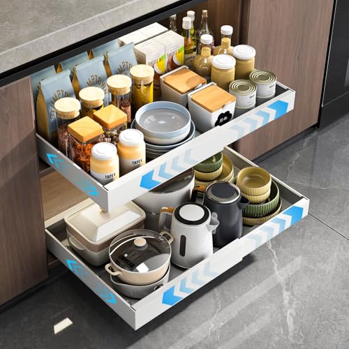 Mustorn 2 Pack Pull Out Cabinet Organizer, Expandable Slide Out Drawers for Kitchen Cabinets Peel and Stick Pullout Drawer Heavy Duty Sliding Shelves for Cupboard, Pantry, Bathroom(16.5" Deep, White) - color: White, size: 16.5"D*(12.6-20.5"W)*2.95"H