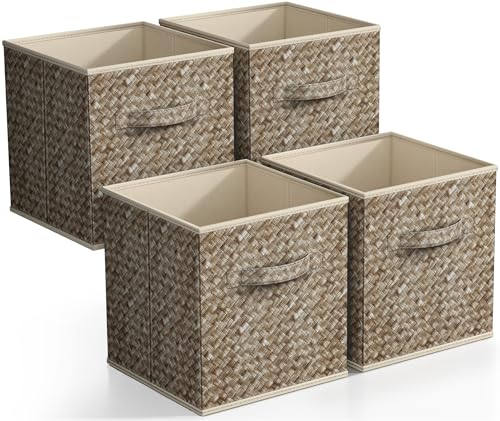 Sorbus Foldable Storage Bins - 11 Inch Sturdy Collapsible Fabric Storage Cubes with Handle - 4 Baskets for Organizing Clothes & Toys - Organization & Storage Baskets for Shelves, Pantry, Closet, Cubby - color: Woven Beige